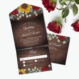 サンフラワーズユーカリプトゥスレッド素朴ロ結婚ーズ オールインワン招待状