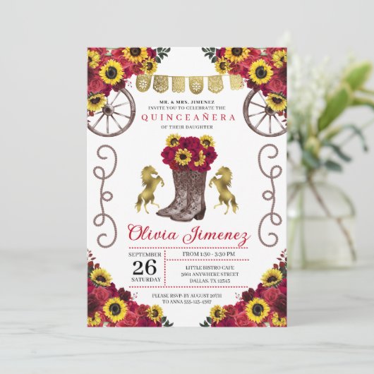 サンフラワーズレッドローズ女性のカーボーイブーツキンセアニェラ 招待状 (スタンド正面)