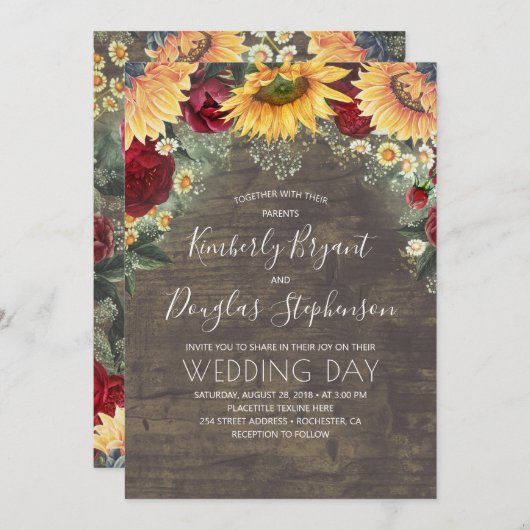 サンフラワーズレッドローズ素朴デイジー結婚ズ 招待状 (正面/裏面)