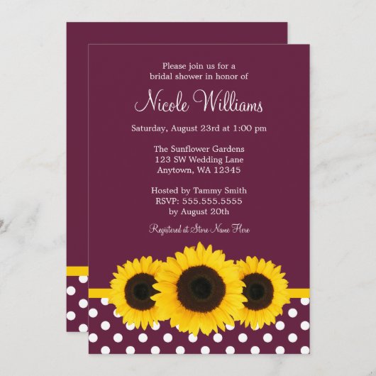 サンフラワーズ深いクワ水玉模様ブライダルシャワー 招待状 (正面/裏面)