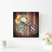サンフラワーズ素朴ウッドユーカリ葉モノグラム スクエア壁時計 (ホーム)