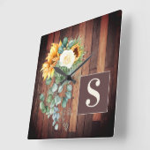 サンフラワーズ素朴ウッドユーカリ葉モノグラム スクエア壁時計 (傾斜)