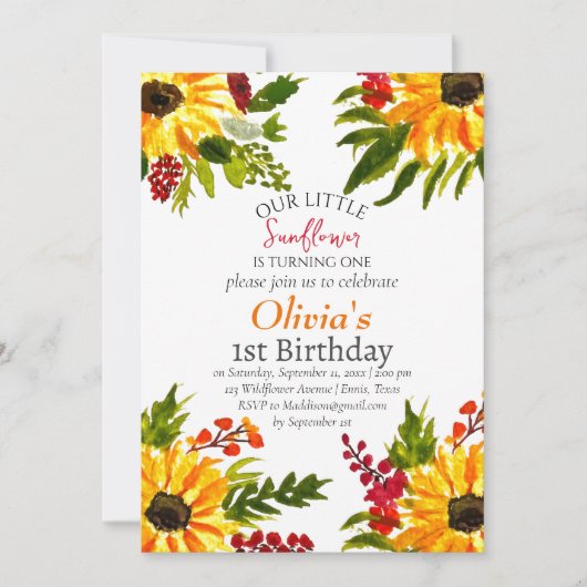 サンフラワーズ1st第1誕生日ガールカントリーフローラ 招待状 (正面)