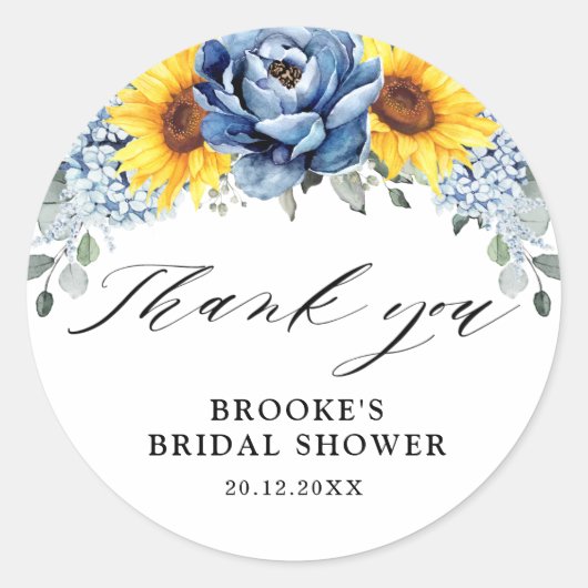 サンフラワーダスティブルー石板牡丹ブライダルシャワー ラウンドシール (正面)