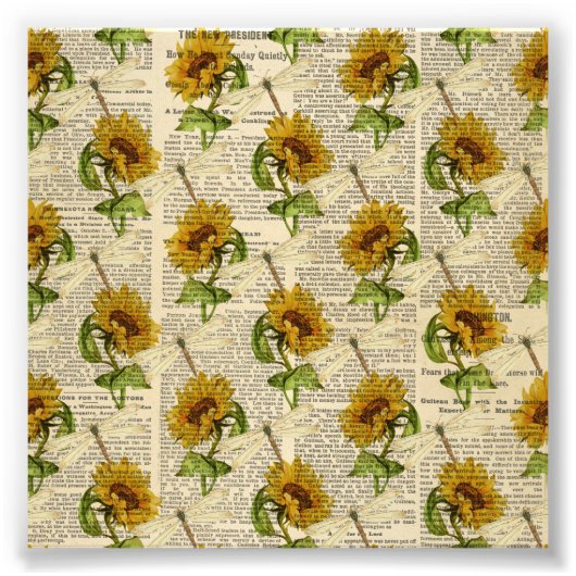 サンフラワードラゴンフライオールド新聞カントリースタイル フォトプリント            (正面)