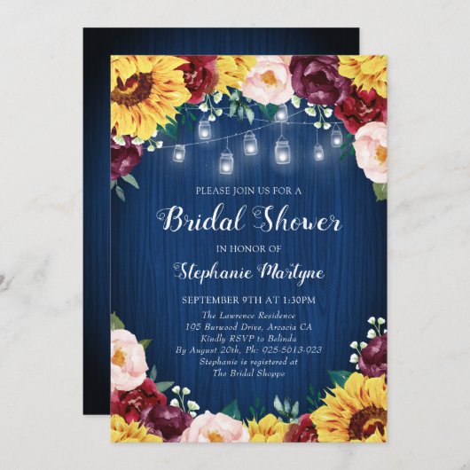 サンフラワーネイビーブライダルシャワーメイソンジャースフローラ 招待状 (正面/裏面)