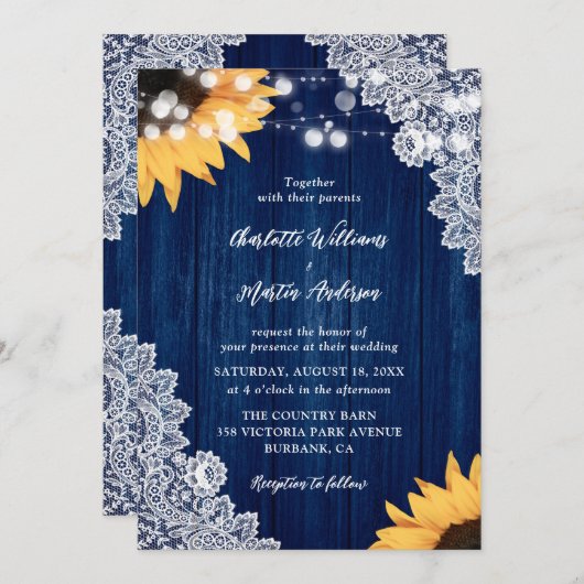 サンフラワーネイビーブルーウッドレース結婚式招待状 招待状 (正面/裏面)