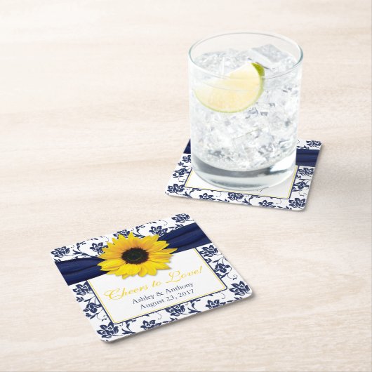 サンフラワーネイビーブルーパーソナライズされたダマスク結婚ズ スクエアペーパーコースター (インサイチュ)