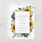 サンフラワーネイビーブルーフラワーグリーンSave the Date 招待状 (正面)