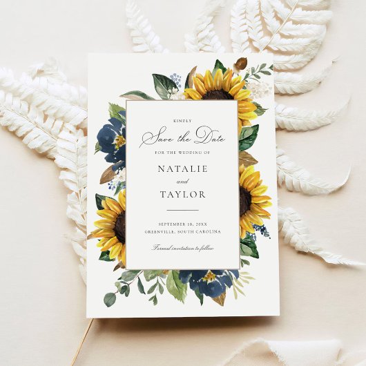 サンフラワーネイビーブルーフラワーグリーンSave the Date 招待状