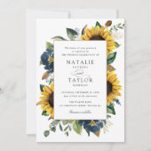 サンフラワーネイビーブルーフラワーズグリーン結婚リー 招待状 (正面)