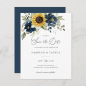 サンフラワーネイビーブルーフローラ緑結婚色 招待状 (正面/裏面)