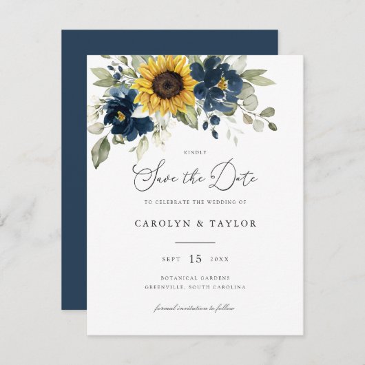 サンフラワーネイビーブルーフローラ緑結婚色 招待状 (正面/裏面)