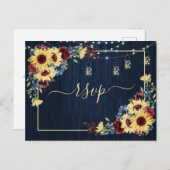 サンフラワーネイビーブルーブルガンディーウッドフローラRSVP インビテーションポストカード (正面/裏面)