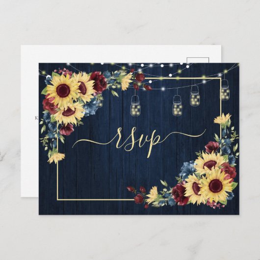 サンフラワーネイビーブルーブルガンディーウッドフローラRSVP インビテーションポストカード (正面/裏面)