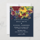 サンフラワーネイビーブルーブルゴーニュバラ結婚式の招待 シーズンカード (正面)