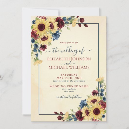 サンフラワーネイビーブルーブルゴーニュフローラ結婚写真 招待状 (正面)