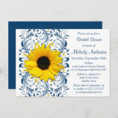 サンフラワーネイビーブルーホワイトフローラブライダルシャワー 招待状 (正面/裏面)