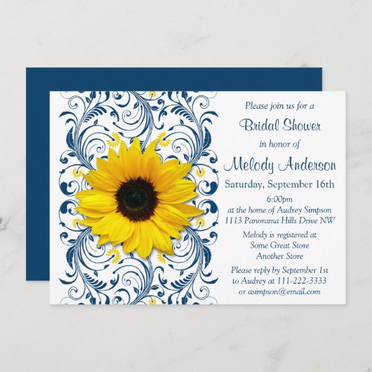 サンフラワーネイビーブルーホワイトフローラブライダルシャワー 招待状 (正面/裏面)