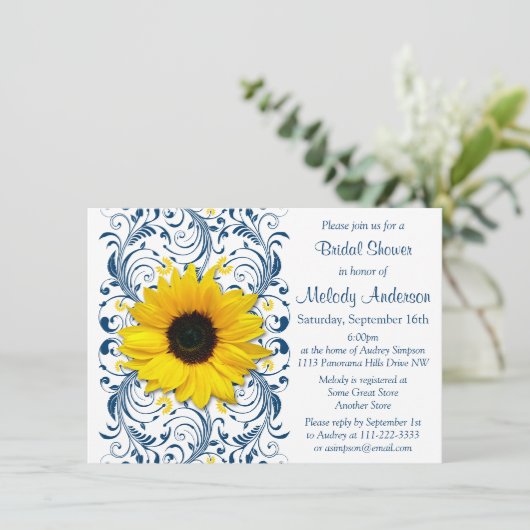 サンフラワーネイビーブルーホワイトフローラブライダルシャワー 招待状 (スタンド正面)
