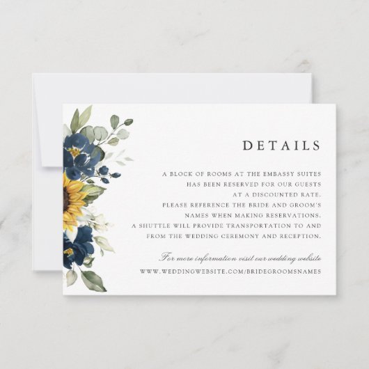 サンフラワーネイビーブルー結婚フローラ詳細カード 招待状 (正面)