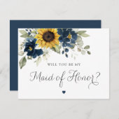 サンフラワーネイビー結婚ブルーメイド・オブ・オーナー(花嫁付き添い人)カード 招待状 (正面/裏面)
