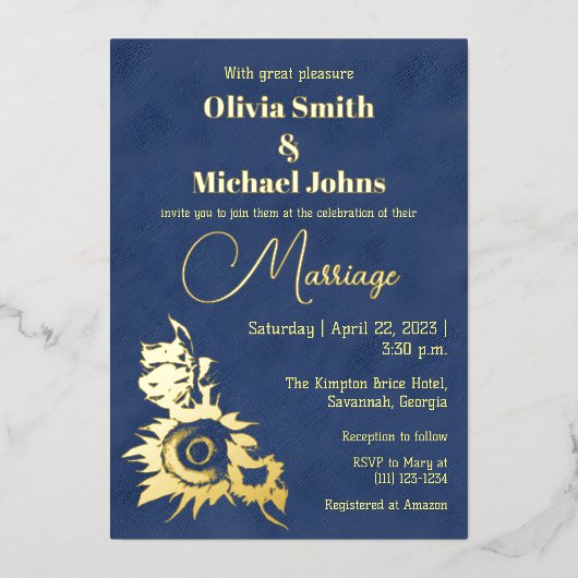 サンフラワーネイビー金ゴールド結婚式招待状 箔シーズンカード (正面)