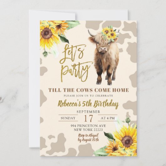 サンフラワーハイランドカウファームガール誕生日 招待状 (正面)
