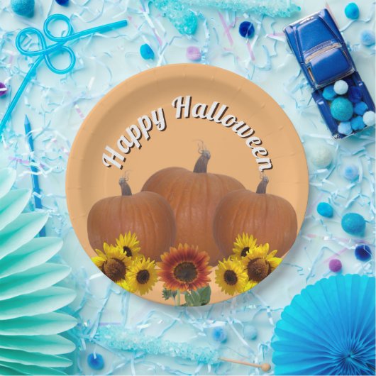 サンフラワーハロウィン付き3つのオレンジ色のカボチャ ペーパープレート (パーティー)