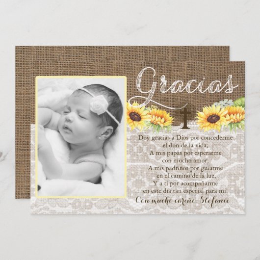 サンフラワーバプティスバウティゾのためのグラシアスに感謝 サンキューカード (正面/裏面)