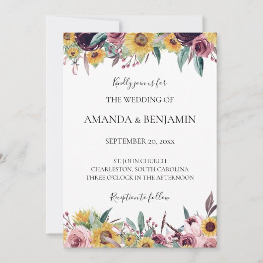 サンフラワーバラブルガン素朴ディ秋結婚フローラ 招待状 (正面)