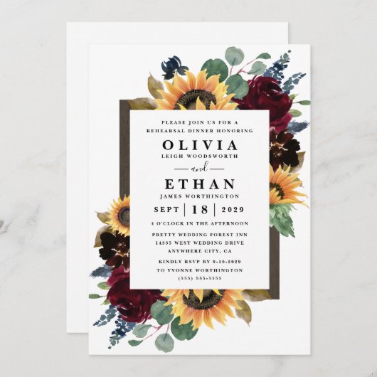 サンフラワーバラブルゴーンディネイビーブルーリハーサルディナー 招待状 (正面/裏面)