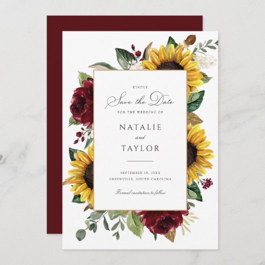 サンフラワーバーガンディ素朴グリーンDateを保存 招待状 (正面/裏面)