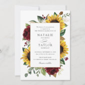 サンフラワーバーガンディ緑素朴フローラ結婚ズ 招待状 (正面)