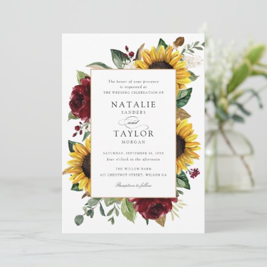 サンフラワーバーガンディ緑素朴フローラ結婚ズ 招待状 (スタンド正面)