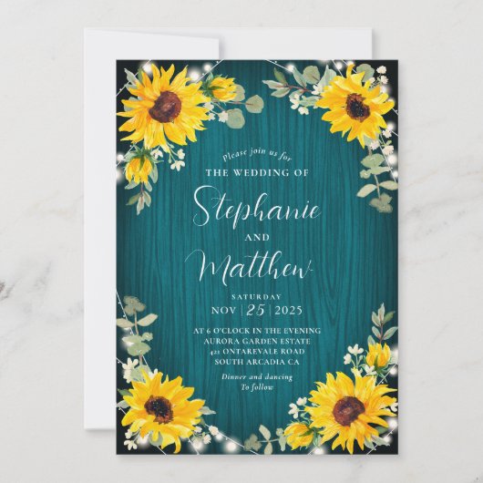 サンフラワーバービーズブレスライトティール(緑がかった色)ウッド結婚ズ 招待状 (正面)