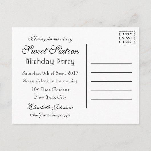 サンフラワーバーラップ&レーススウィート16誕生日招待状 インビテーションポストカード (裏面)