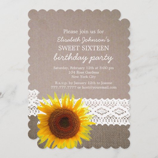 サンフラワーバーラップ&レーススウィート16誕生日 招待状 (正面/裏面)