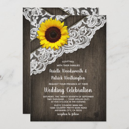サンフラワーバーンウッドアンドレース結婚式招待状 招待状 (正面/裏面)