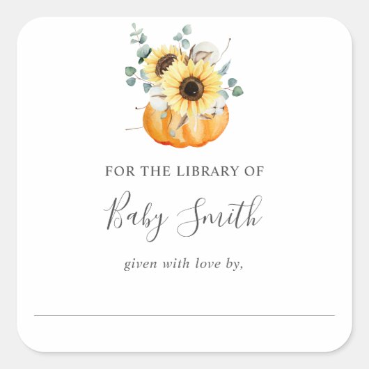 サンフラワーパンプキンベビーシャワーライブラリ蔵書票 スクエアシール (正面)