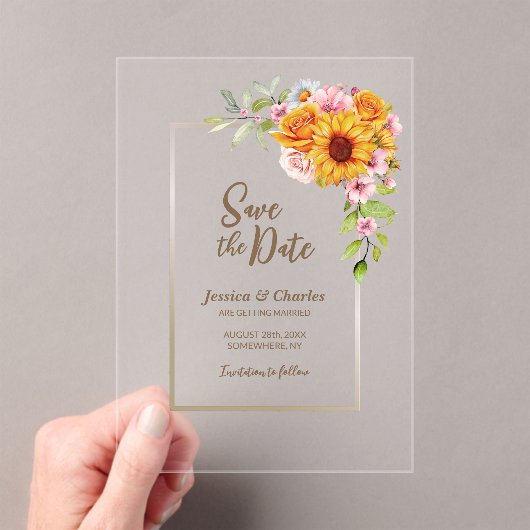 サンフラワーピンクのバラフローラ結婚式の日付を保存 アクリル招待状 (インサイチュ (ポータブル))