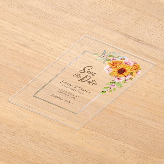 サンフラワーピンクのバラフローラ結婚式の日付を保存 アクリル招待状