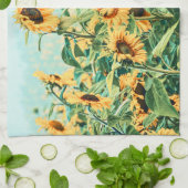 サンフラワーフィールドイエローティール(緑がかった色)フローラアートデザイン キッチンタオル (折り畳み)