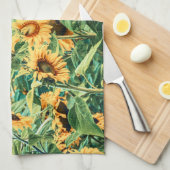 サンフラワーフィールドイエローティール（緑がかった色）フローラアートデザイン キッチンタオル (四つ折り)