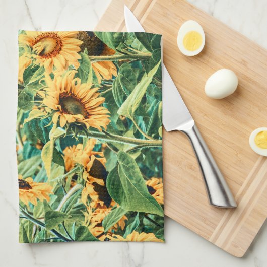 サンフラワーフィールドイエローティール（緑がかった色）フローラアートデザイン キッチンタオル (四つ折り)