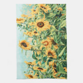 サンフラワーフィールドイエローティール(緑がかった色)フローラアートデザイン キッチンタオル (縦)
