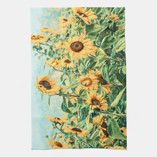 サンフラワーフィールドイエローティール（緑がかった色）フローラアートデザイン キッチンタオル (縦)