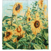 サンフラワーフィールドイエローティール(緑がかった色)フローラアートデザイン シャワーカーテン (正面)