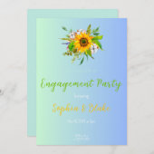 サンフラワーフローラブーケブルー婚約パーティ 招待状 (正面/裏面)