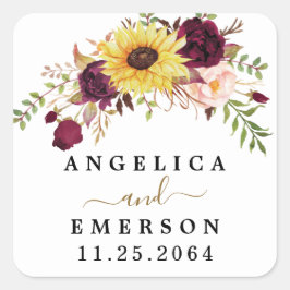 サンフラワーブルガンディレッド赤面牡丹バラ結婚ズ スクエアシール